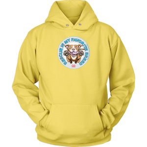 front view of a yellow hoodie featuring original Red Nose Pitbull rescue artwork by OMG You're HOME!