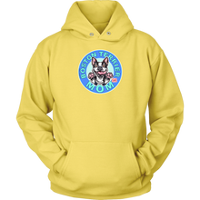 Load image into Gallery viewer, front view of a bright yellow hoodie featuring the OMG Boston Terrier dog mom design in full color