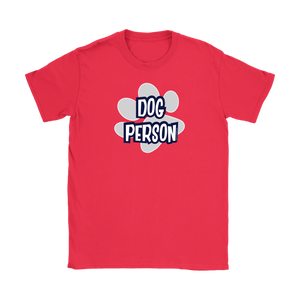 a women's red shirt for dog lovers featuring the DOG PERSON design on the front