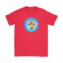 Load image into Gallery viewer, a women&#39;s red tshirt featuring the OMG You&#39;re Home! Golden Retriever dog artwork on the front