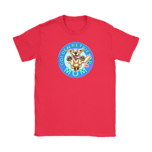 a women's red tshirt featuring the OMG You're Home! Golden Retriever dog artwork on the front