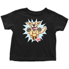 a toddler's black t-shirt featuring the original happy and excited Golden Retriever on the front