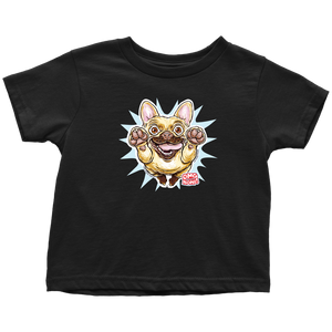 a toddler's black t-shirt with the original OMG You're Home Fawn Frenchie dog design on the front in full color