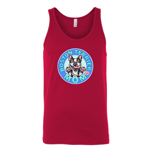 a red tank top with the OMG You're Home! Boston Terrier dog Mom design on the front 