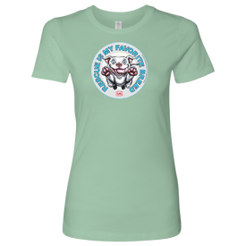 front view of a womens light green tshirt with the OMG You're Home rescue pit on the front