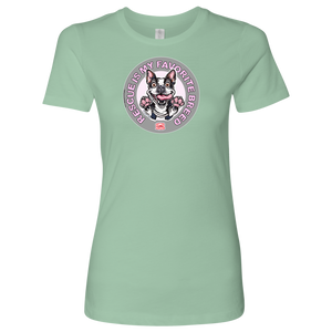 Next Level Womens light green Shirt featuring the OMG You're Home! Boston Terrier design with "Rescue is my favorite breed"