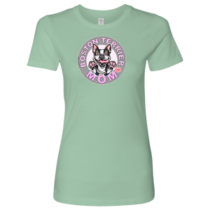 a light green shirt with the OMG You're Home! Boston Terrier dog Mom design on the front in pink letters