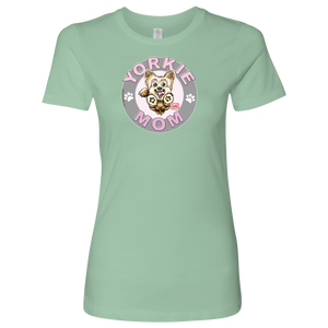 a womans light green tshirt with a yorkie dog drawing on the front