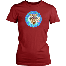 Load image into Gallery viewer, A womens red shirt for dog lovers by District featuring the original Golden Retriever dog artwork on the front