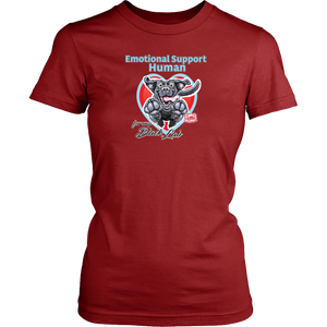 a women's red shirt by District featuring the Black Labrador Retriever design in the Emotional Support Human collection