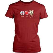 Load image into Gallery viewer, maroon District Shirt featuring the Peace Love Yorkie dog design from OMG You&#39;re HOME!