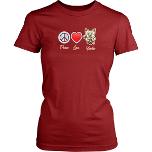 maroon District Shirt featuring the Peace Love Yorkie dog design from OMG You're HOME!