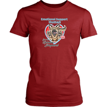 Load image into Gallery viewer, A womens red shirt by District featuring the original German Shepherd dog artwork by OMG You&#39;re HOME! This design has the text &quot;Emotional Support Human&quot; above the German Shepherd. 