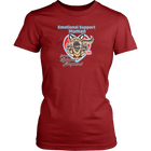 A womens red shirt by District featuring the original German Shepherd dog artwork by OMG You're HOME! This design has the text "Emotional Support Human" above the German Shepherd. 