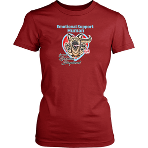 A womens red shirt by District featuring the original German Shepherd dog artwork by OMG You're HOME! This design has the text "Emotional Support Human" above the German Shepherd. 