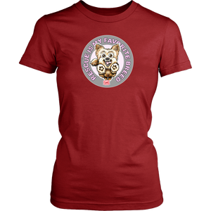 Rescue is my favorite breed on a women's red dog lover's t-shirt featuring the Yorkie