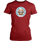 front view of a womens red t-shirt featuring the original Red Nose Pitbull artwork by OMG You're Home! Part of the "Rescue is my favorite breed" collection.