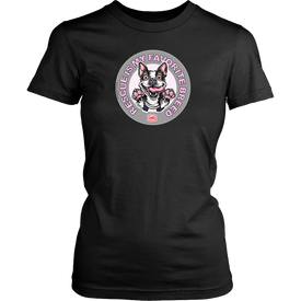 District Womens black Shirt featuring the OMG You're Home! Boston Terrier design with 
