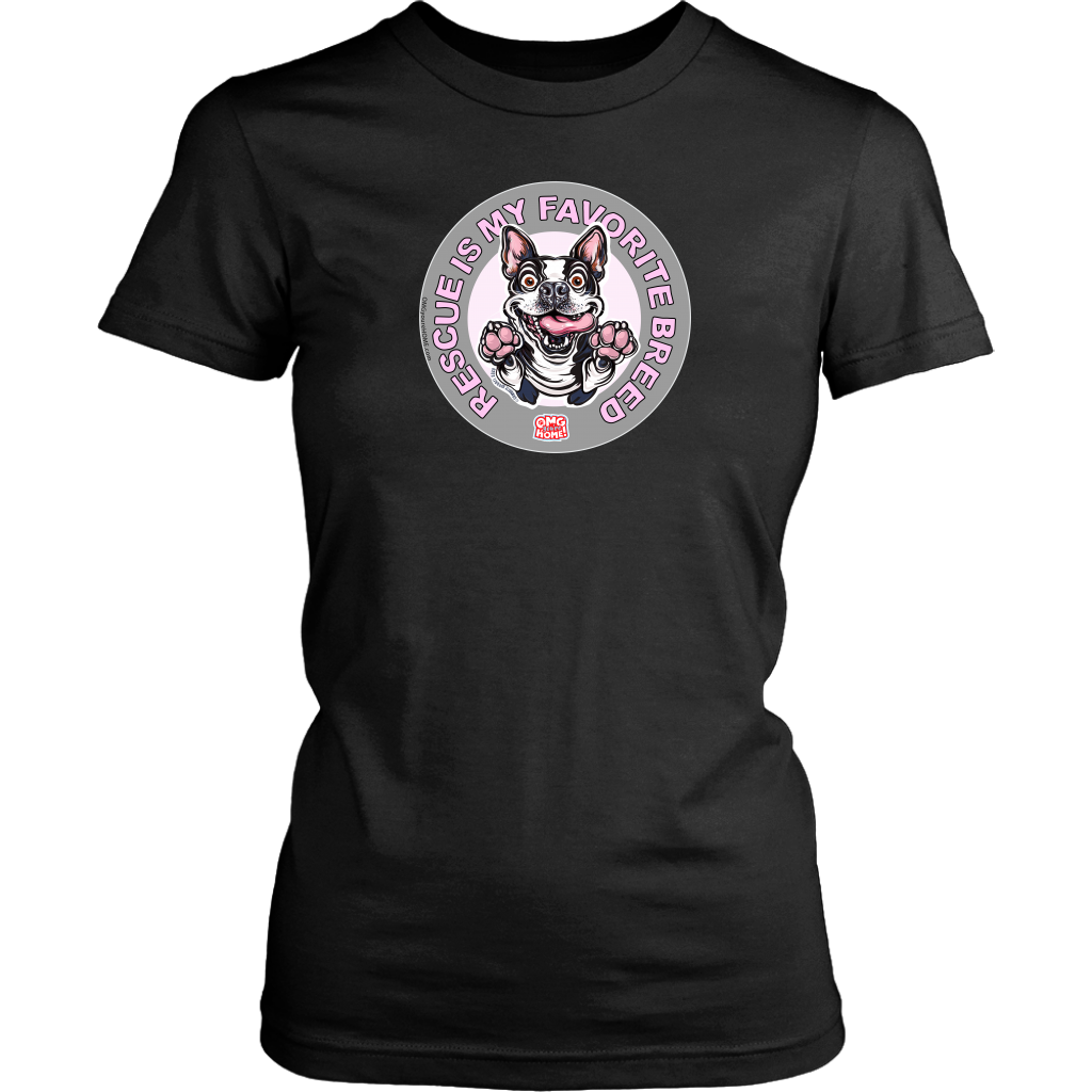 District Womens black Shirt featuring the OMG You're Home! Boston Terrier design with 