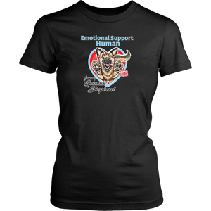 A womens black Shirt by District featuring the original German Shepherd dog artwork by OMG You're HOME! This design has the text "Emotional Support Human" above the German Shepherd. 