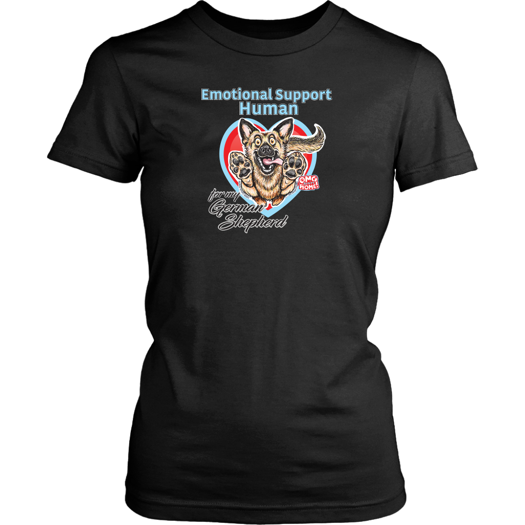 A womens black Shirt by District featuring the original German Shepherd dog artwork by OMG You're HOME! This design has the text 