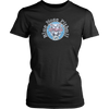 Front view of a women's black District Shirt featuring the OMG You're HOME! Blue Nose Pitbull design on the front in full vibrant color. 
