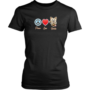 Black District Shirt featuring the Peace Love Yorkie dog design from OMG You're HOME!