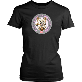 Rescue is my favorite breed on a women's black dog lover t-shirt featuring the Yorkie