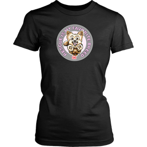 Rescue is my favorite breed on a women's black dog lover t-shirt featuring the Yorkie