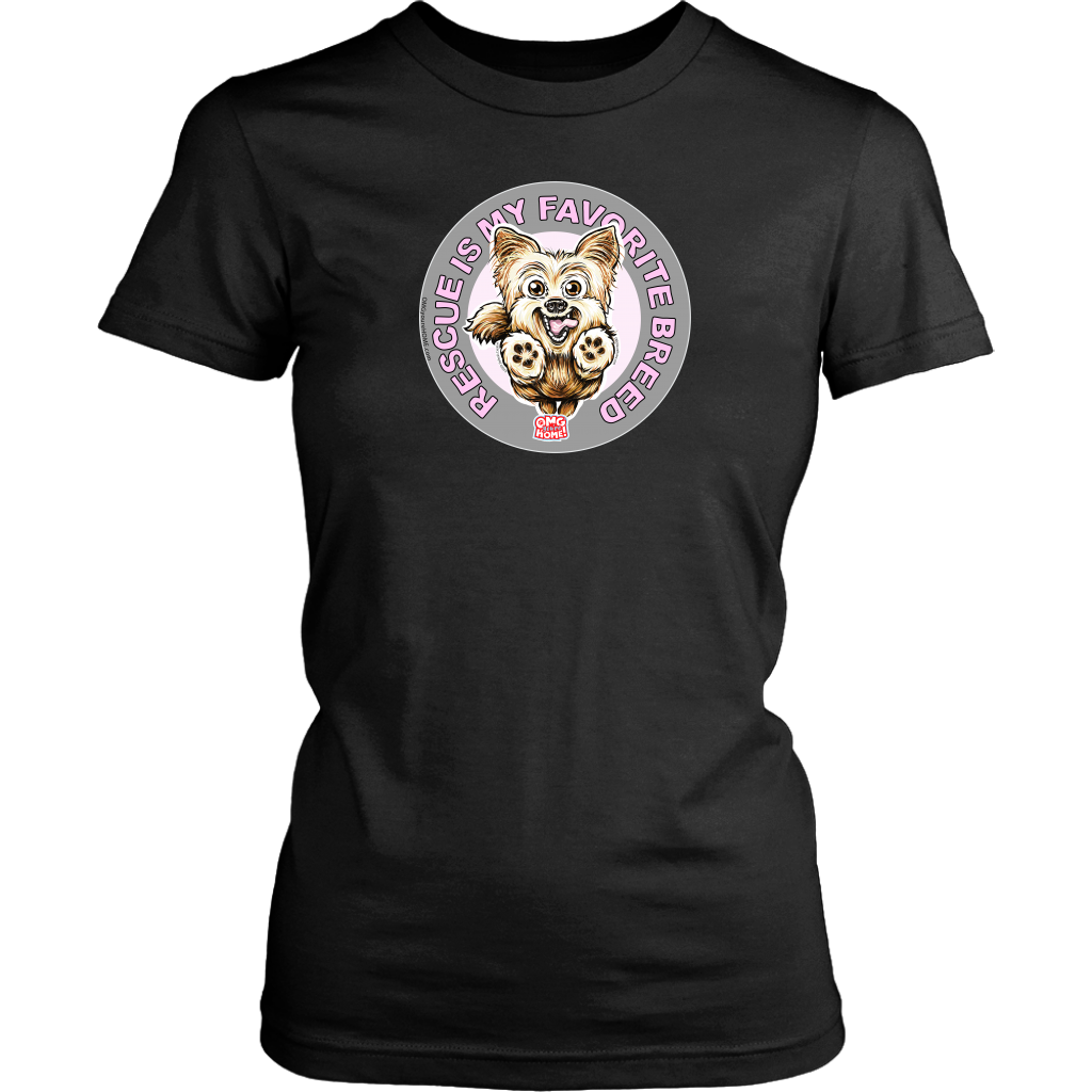 Rescue is my favorite breed on a women's black dog lover t-shirt featuring the Yorkie