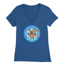 Load image into Gallery viewer, a women&#39;s royal v neck shirt with the OMG You&#39;re Home! German Shepherd dog mom design on the front