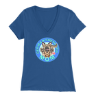 a women's royal v neck shirt with the OMG You're Home! German Shepherd dog mom design on the front
