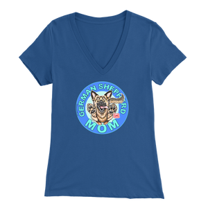 a women's royal v neck shirt with the OMG You're Home! German Shepherd dog mom design on the front