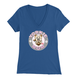 a women's blue v-neck shirt with the OMG You're Home! Yorkie dog mom design on the front