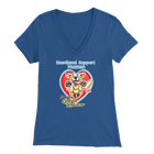 a womens blue v-neck shirt with the OMG You're Home! Golden Retriever dog design on the front