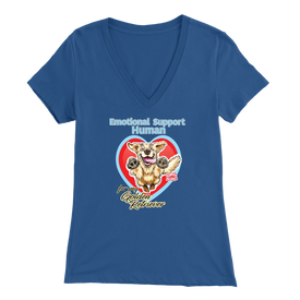 a womens blue v-neck shirt with the OMG You're Home! Golden Retriever dog design on the front