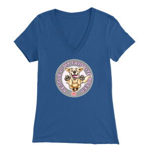 a womens  blue v-neck shirt featuring the original Golden Retriever dog artwork by OMG You're Home!