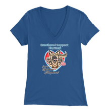 Load image into Gallery viewer, A woman&#39;s blue v-neck shirt featuring the OMG You&#39;re Home! German Shepherd dog design with the text &quot;Emotional Support Human&quot;.