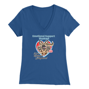 A woman's blue v-neck shirt featuring the OMG You're Home! German Shepherd dog design with the text "Emotional Support Human".