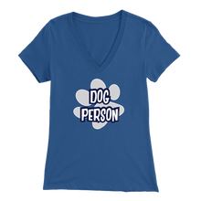 Load image into Gallery viewer, dog person deign on a royal blue v-neck t-shirt for women dog lovers