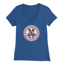 Load image into Gallery viewer, a woman&#39;s blue v-neck shirt with the OMG You&#39;re Home! Boston Terrier dog Mom design on the front in pink letters