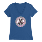 a woman's blue v-neck shirt with the OMG You're Home! Boston Terrier dog Mom design on the front in pink letters