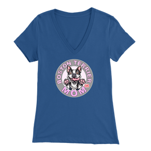 a woman's blue v-neck shirt with the OMG You're Home! Boston Terrier dog Mom design on the front in pink letters