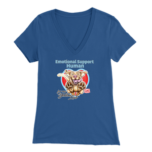 Bella Womens royal blue V-Neck. This comfortable shirt features the OMG You're Home German Shepherd dog design with the text "Emotional Support Human". 