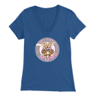 a women's blue v-neck shirt with the OMG You're Home! Yellow Labrador dog mom design on the front