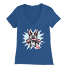 a womens blue v-neck shirt with the Boston Terrier dog design by OMG You're Home! on the front