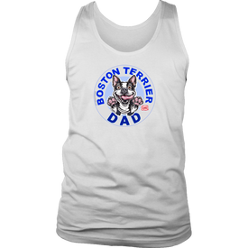 a white tank top with the OMG You're Home! Boston Terrier dog dad design