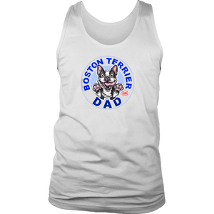 a white tank top with the OMG You're Home! Boston Terrier dog dad design