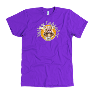 front view of a men's purple American Apparel  t-shirt featuring the OMG You're HOME! Yellow Labrador Retriever design