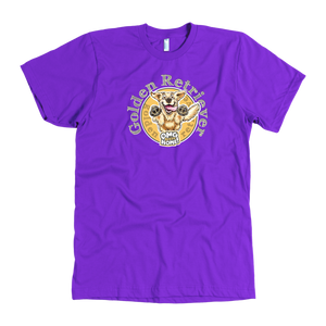 a mens purple dog lovers t-shirt featuring the original Golden Retriever artwork by OMG You're Home on the front